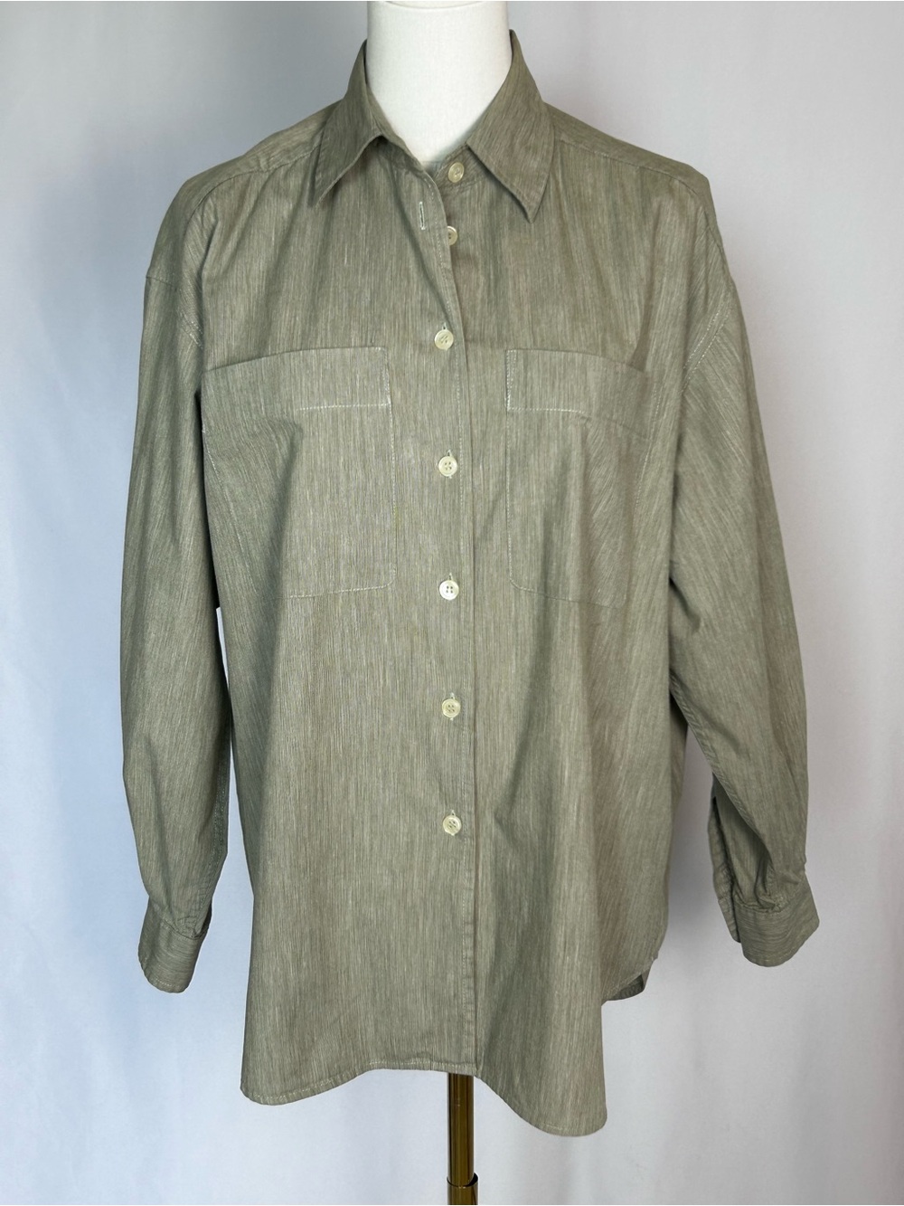 Lizsport Liz Claiborne Vintage Cotton Button Down Shirt Sage Green Stripe S - Picture 1 of 6